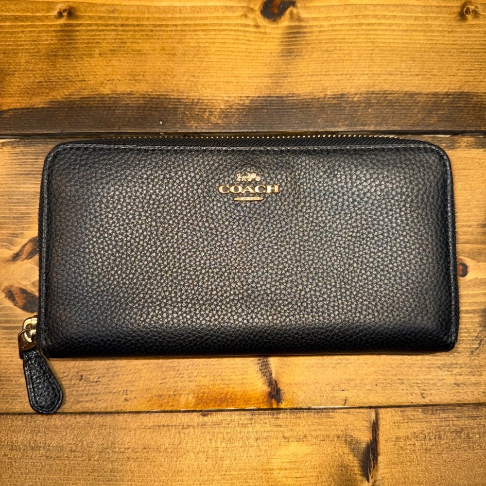 Coach Black Pebbled Leather Accordion Zip Around Long Wallet Gold Hardware